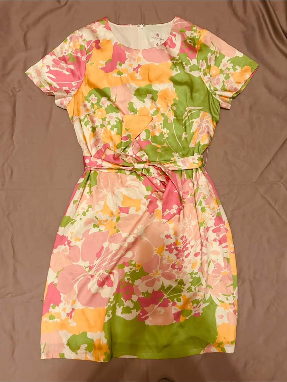 Julie Brown Floral Tie-Waist Short Sleeve Dress in Pink & Green Size 8